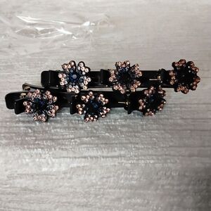 Hair Clips 2 PCs Black Clips With Mini Clips Built-in BLUE Rhinestone Floral New